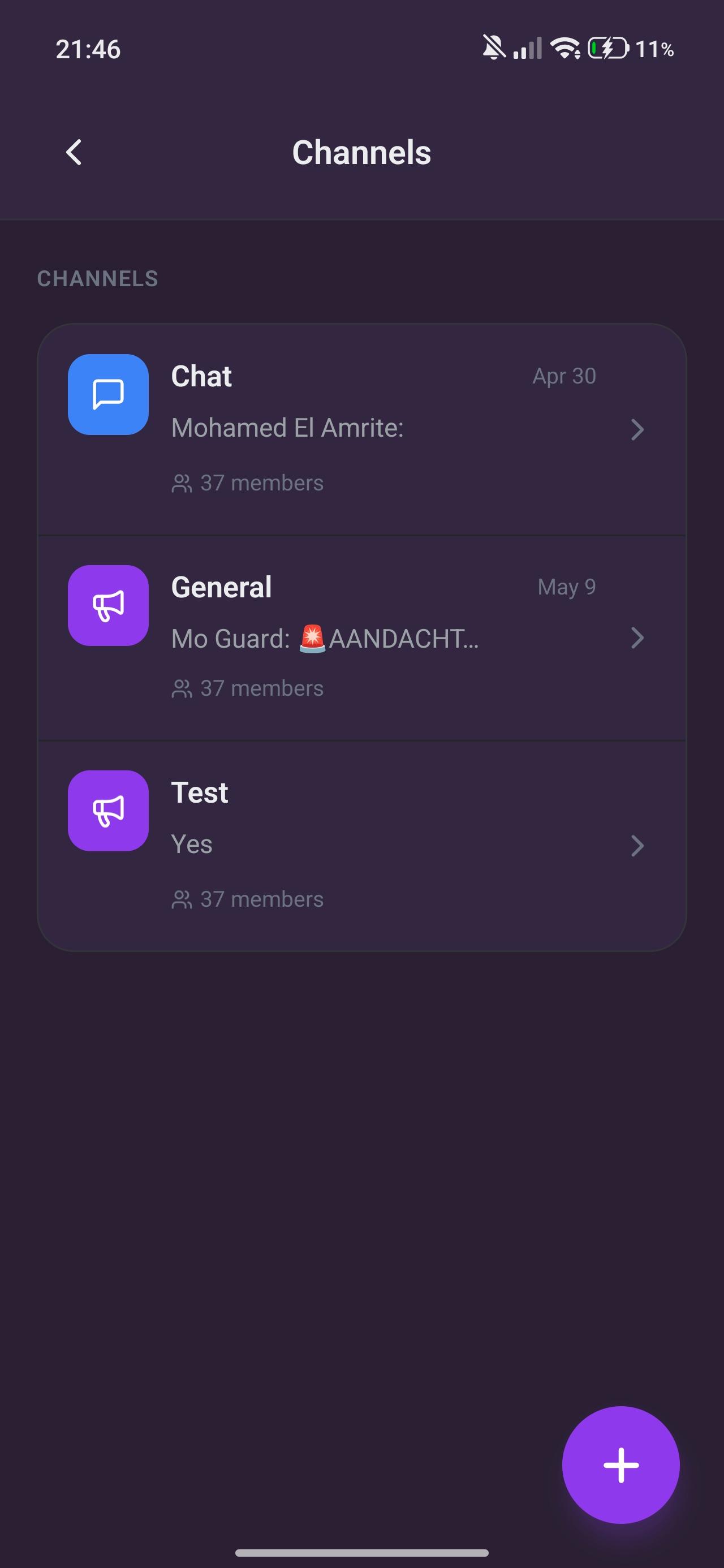 Toki mobile app — club communication channels screen