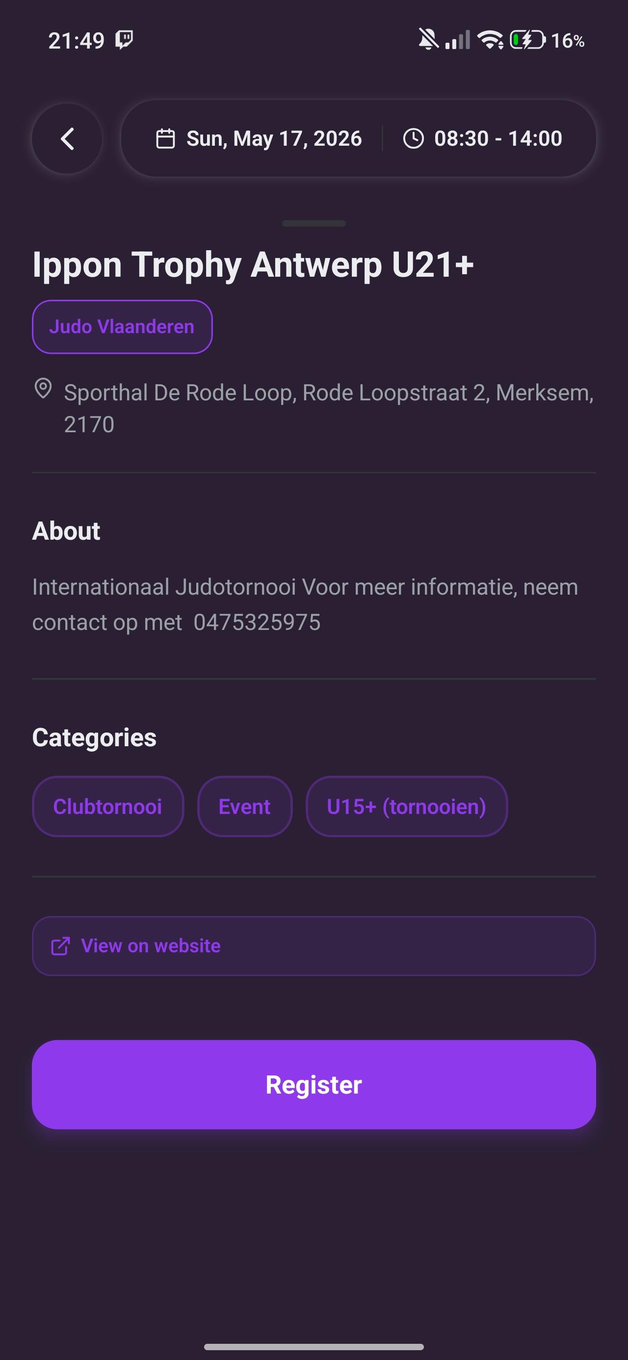 Toki mobile app — competition registration screen