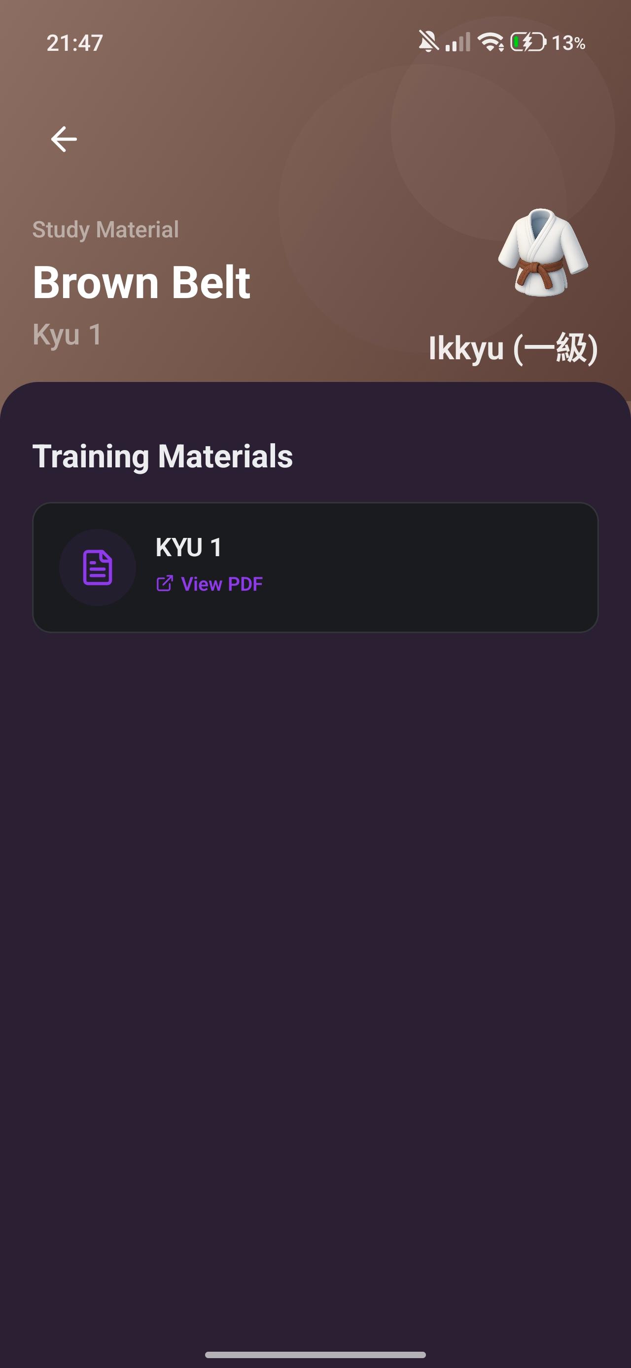 Toki mobile app — belt progression tracker screen