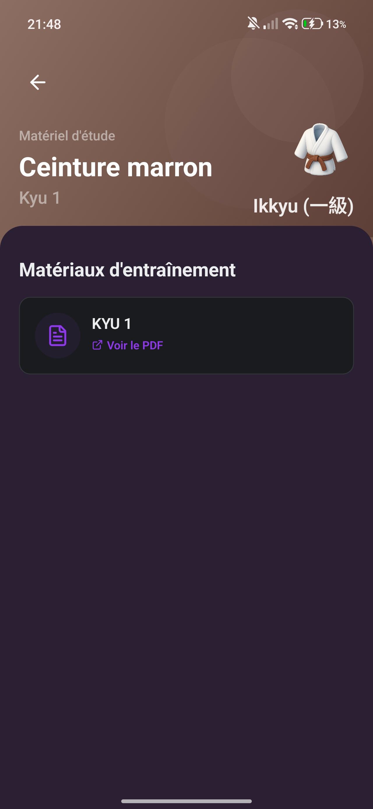 Application mobile Toki — écran de progression des ceintures