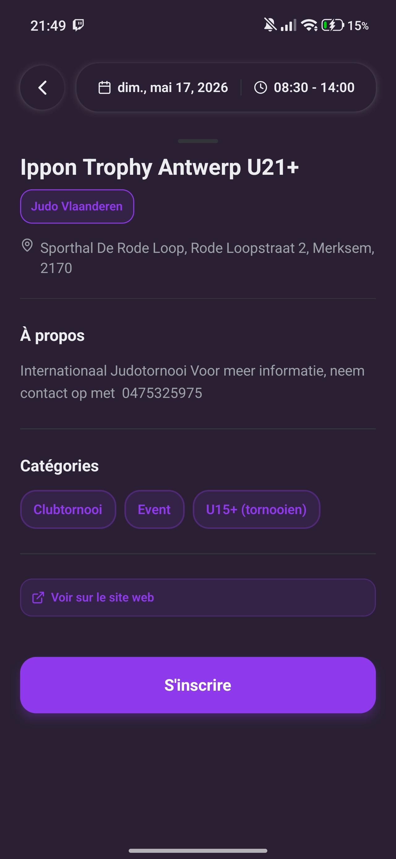 Application mobile Toki — écran d'inscription aux compétitions