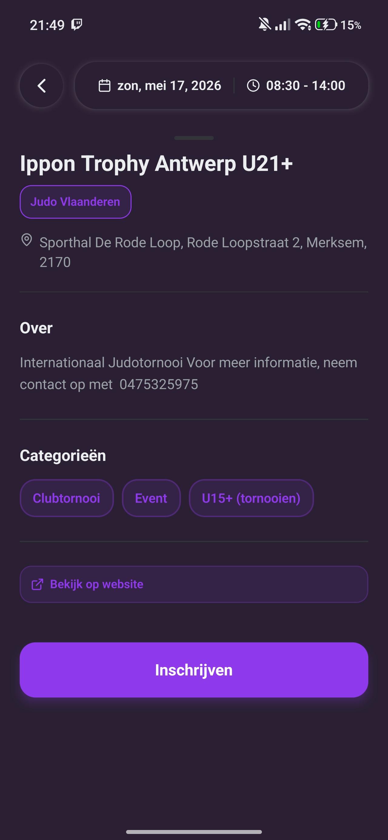 Toki mobiele app — wedstrijdinschrijvingsscherm