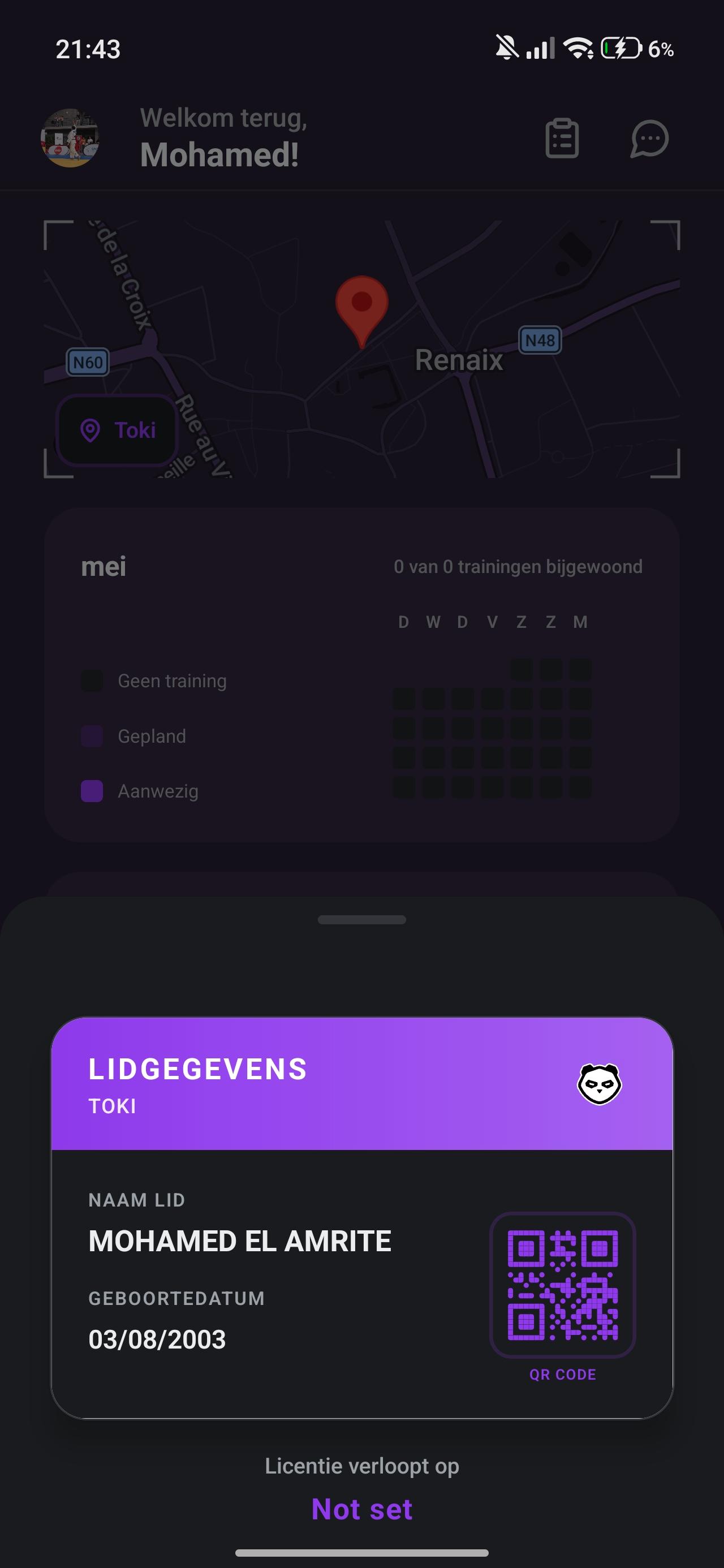 Toki mobiele app — QR-incheckscherm