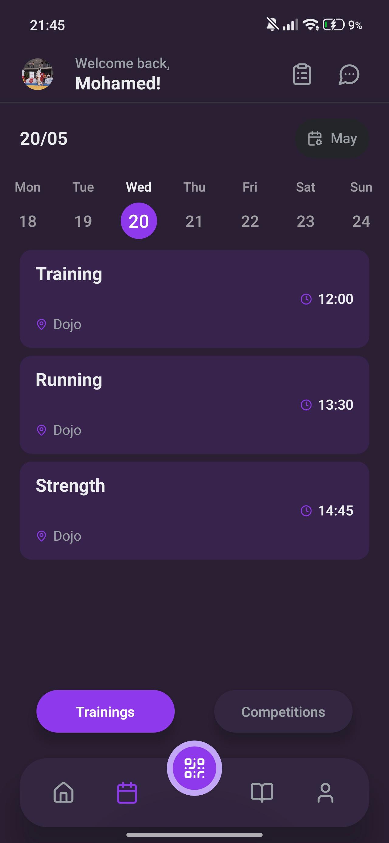 Toki mobile app — weekly training schedule screen