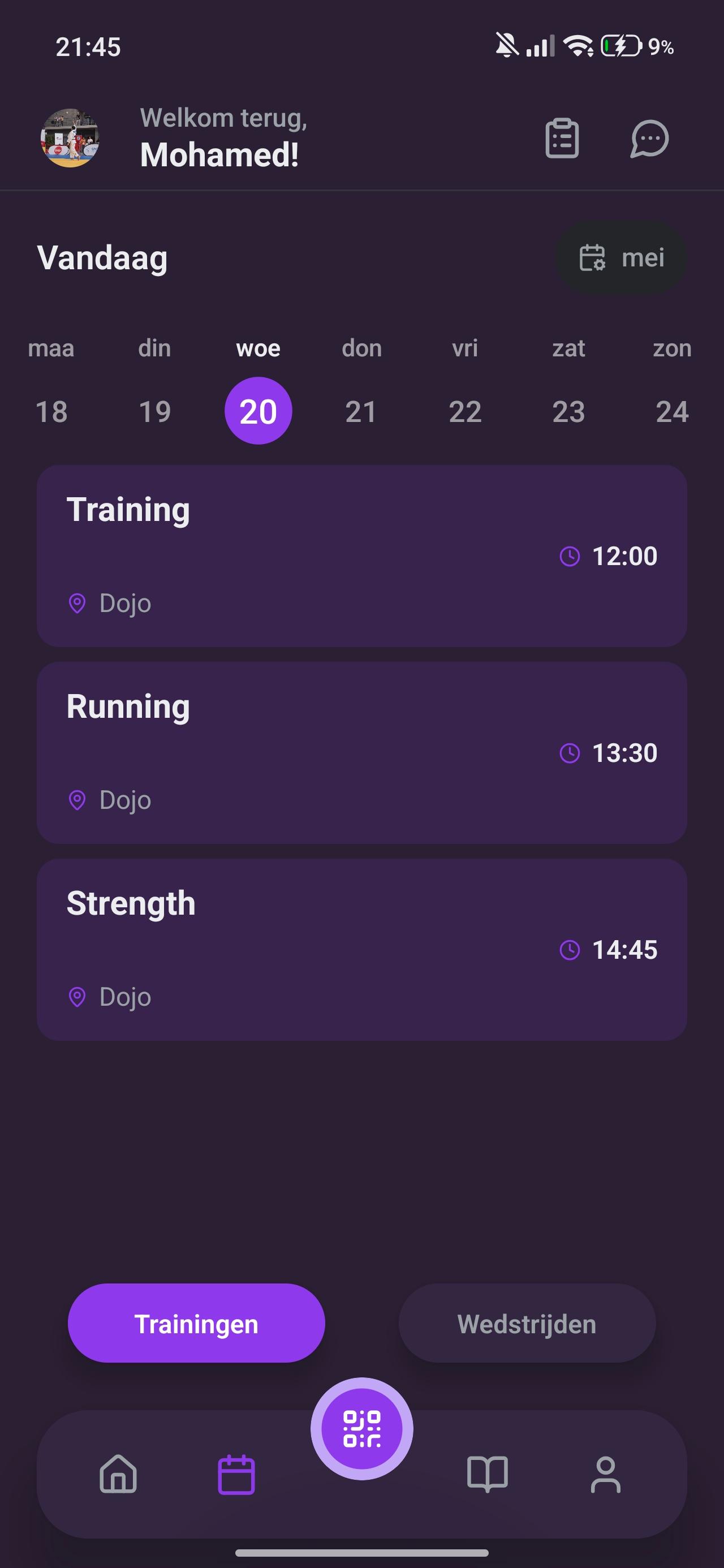 Toki mobiele app — wekelijks trainingsroosterscherm